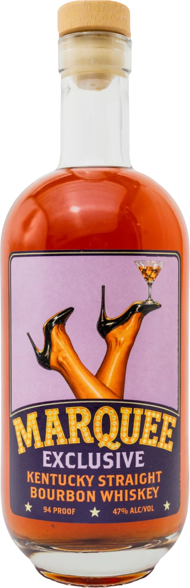 Marquee Exclusive bottle, crossed legs in black stilettos balancing a cocktail glass on one toe