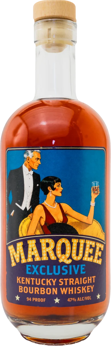 Marquee Exclusive bottle, an elegant couple in evening wear, the woman raising a whiskey from a yellow settee