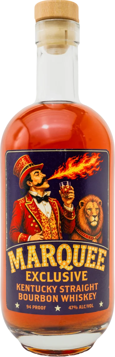 Marquee Exclusive bottle, a ringmaster breathing fire over his whiskey beside a lion