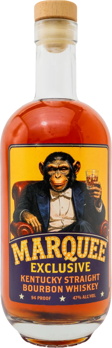 Marquee Exclusive bottle, a chimpanzee in a tuxedo with whiskey on the rocks in a leather armchair