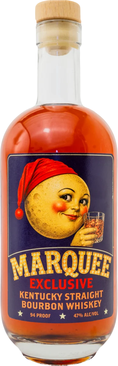 Marquee Exclusive bottle, a rosy-cheeked full moon in a red nightcap cradling a whiskey
