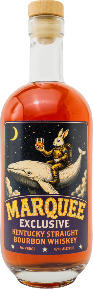 Marquee Exclusive bottle, a rabbit in a gold flight suit riding a whale through a starry sky