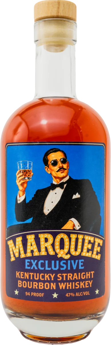 Marquee Exclusive bottle, a spy in round sunglasses and a tuxedo raising a whiskey