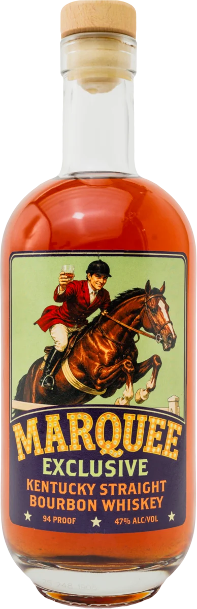 Marquee Exclusive bottle, a jockey in a red coat toasting mid-jump on a leaping horse