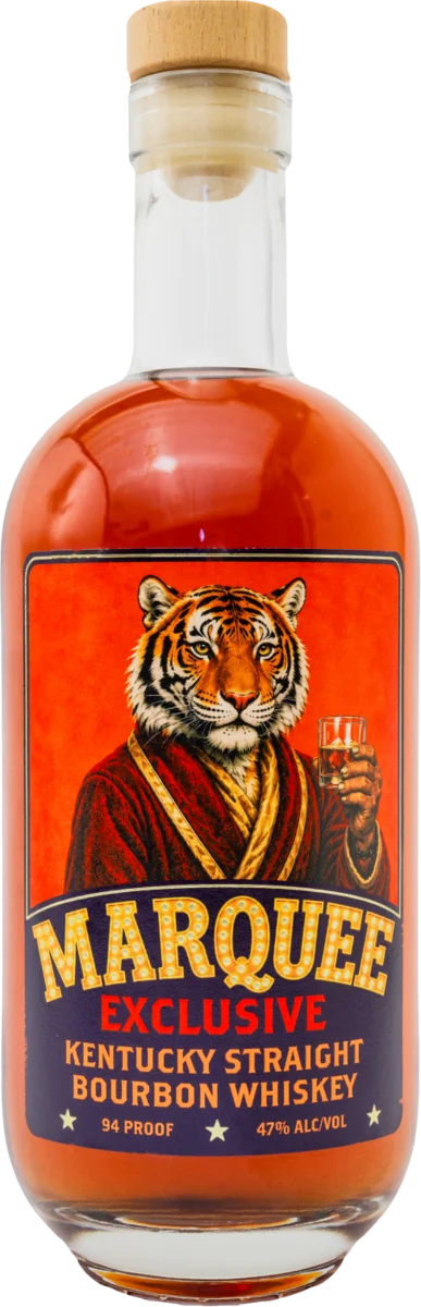 Marquee Exclusive bottle, a tiger in a red silk robe holding a whiskey