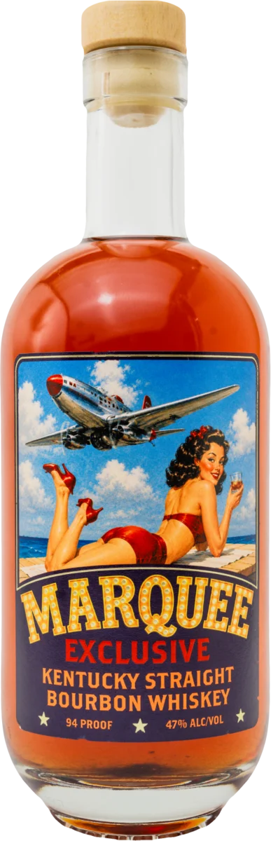 Marquee Exclusive bottle, a pin-up lounging on a boardwalk as a silver airliner passes overhead