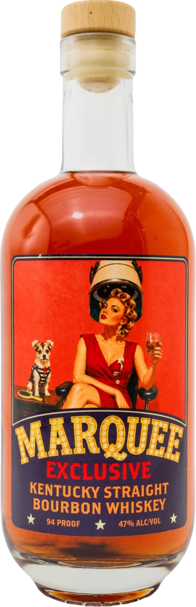 Marquee Exclusive bottle, a woman under a salon hood dryer, whiskey in hand, a terrier beside her