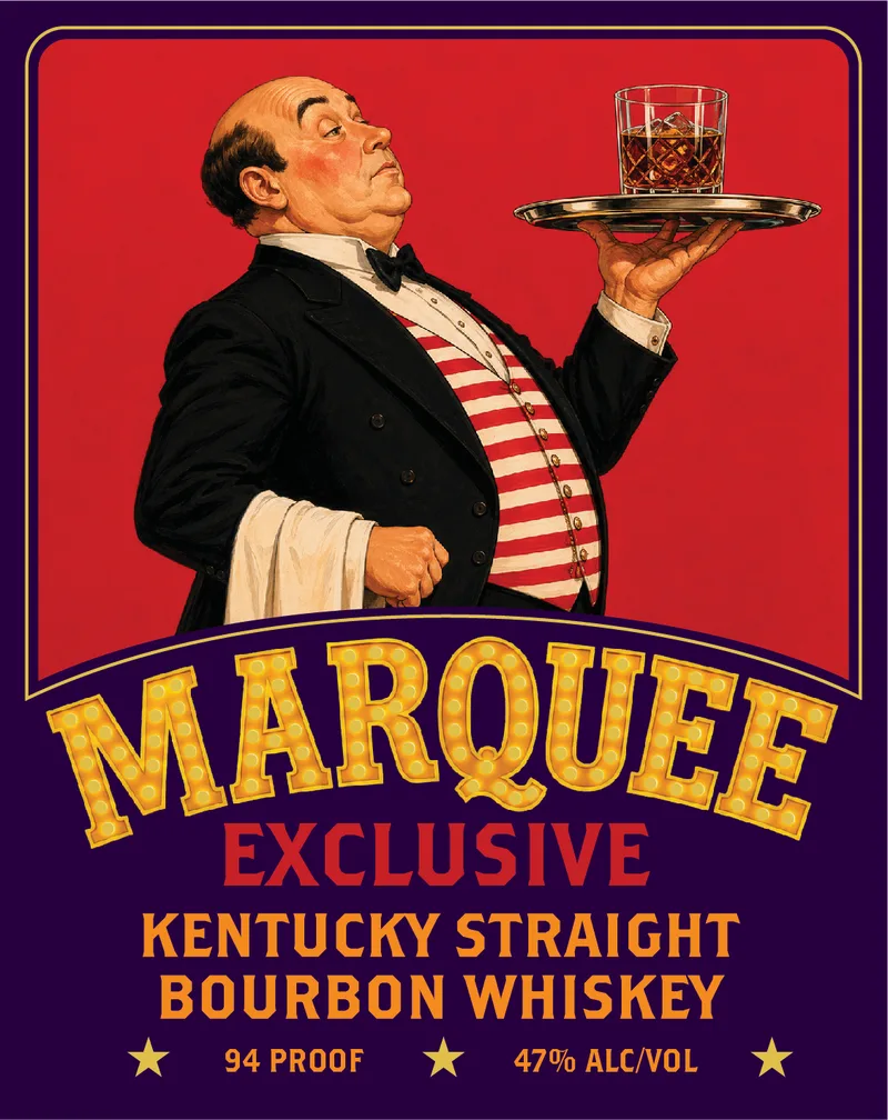 Marquee Exclusive label: a butler presenting a whiskey on a silver tray