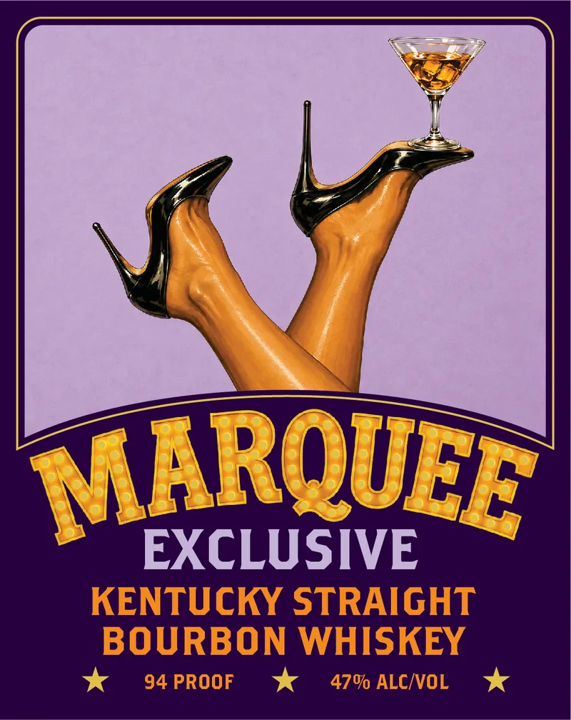 Marquee Exclusive label: crossed legs in black stilettos balancing a cocktail glass on one toe