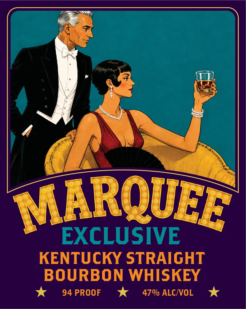 Marquee Exclusive label: an elegant couple in evening wear, the woman raising a whiskey from a yellow settee