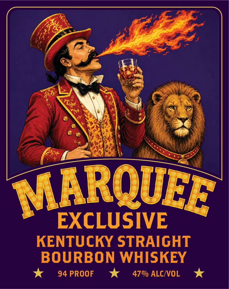 Marquee Exclusive label: a ringmaster breathing fire over his whiskey beside a lion