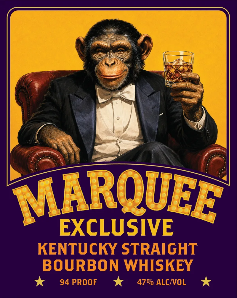 Marquee Exclusive label: a chimpanzee in a tuxedo with whiskey on the rocks in a leather armchair