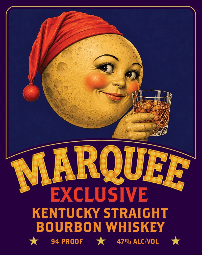 Marquee Exclusive label: a rosy-cheeked full moon in a red nightcap cradling a whiskey