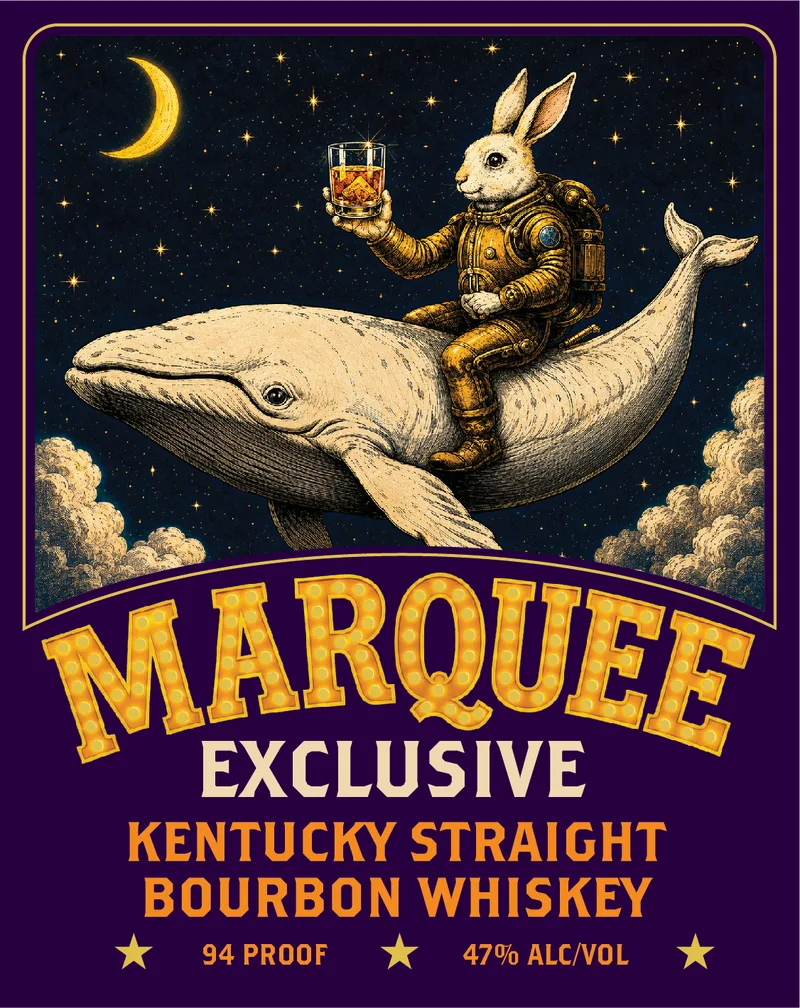 Marquee Exclusive label: a rabbit in a gold flight suit riding a whale through a starry sky
