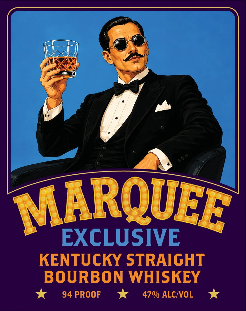 Marquee Exclusive label: a spy in round sunglasses and a tuxedo raising a whiskey