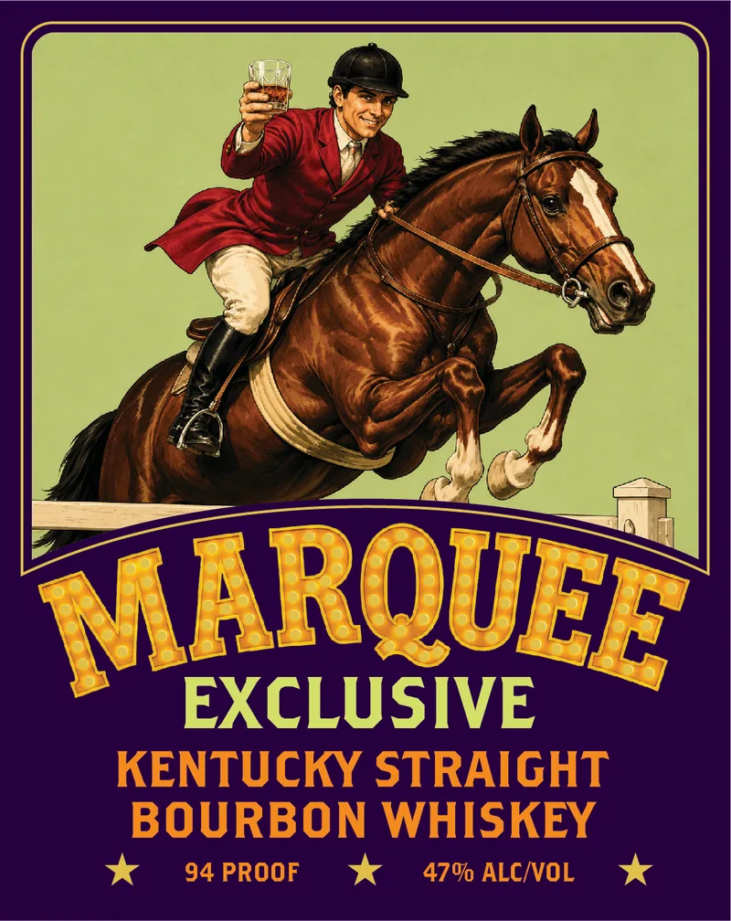 Marquee Exclusive label: a jockey in a red coat toasting mid-jump on a leaping horse