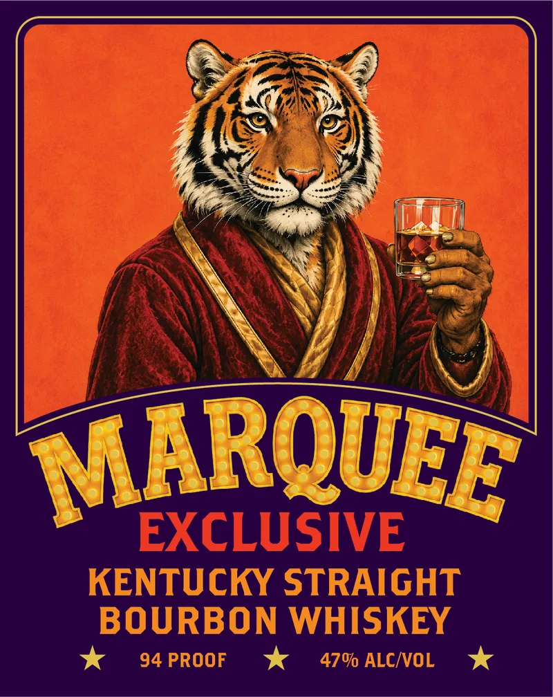 Marquee Exclusive label: a tiger in a red silk robe holding a whiskey