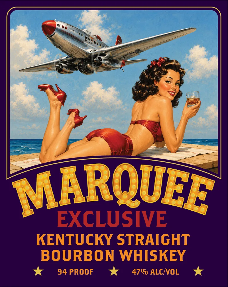 Marquee Exclusive label: a pin-up lounging on a boardwalk as a silver airliner passes overhead
