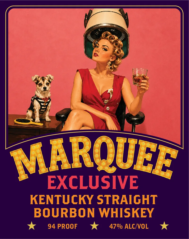 Marquee Exclusive label: a woman under a salon hood dryer, whiskey in hand, a terrier beside her